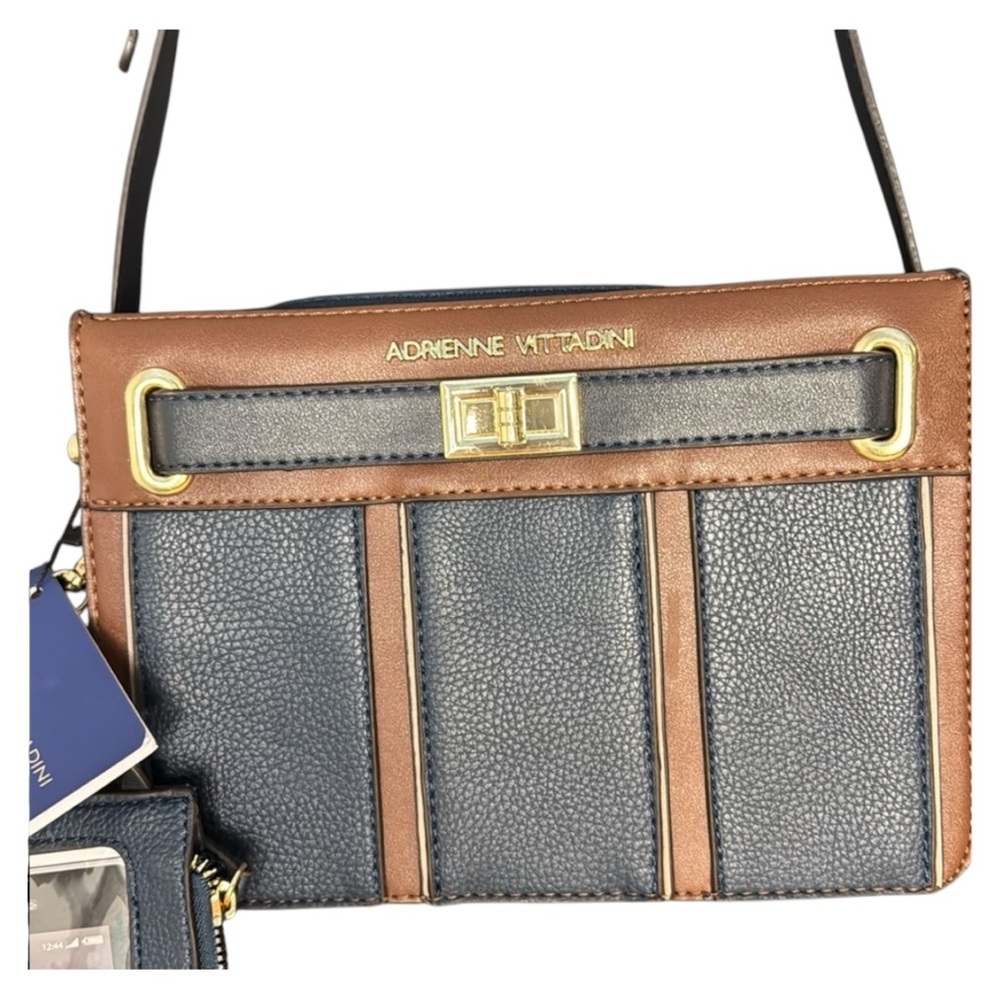 Adrienne Vittadini Crossbody Purse Navy‎ & Brown w/ Detachable Phone Holder NWT